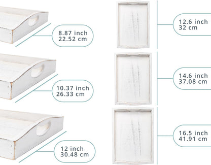 Serving Trays Set of 3 - Ottoman Wood Trays for Entertainment, Food and Decor - Rustic Farmhouse Distressed Wood Finish - Solid White