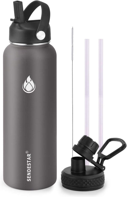 SENDESTAR Stainless Steel Water Bottle, Wide Mouth Water Bottle 40 oz with Straw Lid, Spout Lid, Double Wall Vacuum Insulated Leak Proof, Keeps Liquids Hot or Cold (Gray)
