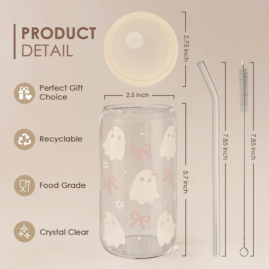 Halloween 16oz Can Glass Tumbler with Acrylic Lid & Straw, Iced Coffee Cup for Women Girls, Aesthetic Cups Gifts for Party