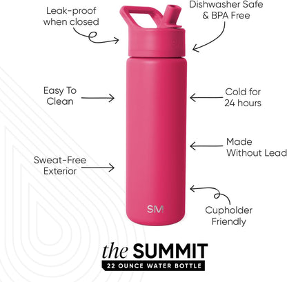 Simple Modern Water Bottle with Straw Lid | Vacuum Insulated Stainless Steel Metal | Reusable Leak Proof BPA-Free Cup for School | Summit Collection | 22oz, Berry Twist