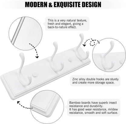Wooden Coat Rack, Wall-Mounted Organizer for Closet, Entryway, Hallway, Foyer, Bedroom, Heavy Duty Double Hooks for Hanging Towels, Bags, Hats, Jackets, Key (White, 3 Hooks)