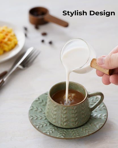Espresso Cups Set of 6, 4 oz Demitasse Cups with Saucer and Metal Stand Small Coffee Cup Set, Porcelain Cappuccino Cups for Latte, Cafe Mocha and Tea, Green