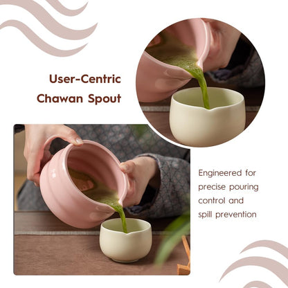 8 Pcs Matcha Set - Ceramic Bowl, Bamboo Whisk with Holder, Canister, Sifter, Schima Spoon, Spoon Rest and Tea Towel, Complete Kit for Traditional Matcha and Modern Lattes (Pink)