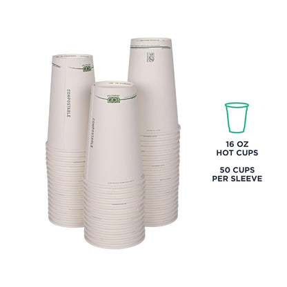 ECO PRODUCTS Compostable Disposable GreenStripe 16oz Coffee Cups, Case of 1000, White Single Wall Hot Paper Cup, Plant Based PLA Lining, Biodegradable