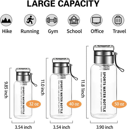 50 oz Glass Water Bottles - Large, Clear, Borosilicate Glass Water Bottle with Stainless Tea Infuser - Cup-Function Lid, Neoprene Sleeve, Strap - Wide Mouth BPA free, for Tea, Beverages, Juice