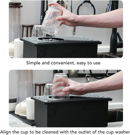 Pitcher Rinser, Stainless Steel Kitchen Sink Glass Rinser with Drain and Drip Tray, Countertop Automatic Cup Washer for Bar, Home, Cafe, Restaurant, Household & Commercial (Black) (Large)