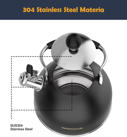 Tea Kettle, 2 Quart Stainless Steel Whistling Tea Kettle, Stovetop Whistling Teakettle Tea Pots for Stove Top with Ergonomic Folding Handle, Small Teapot, Water boiler for Tea, Coffee (Black)