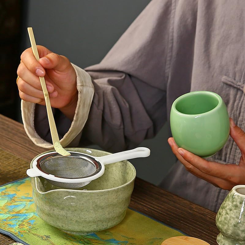 6-Piece Matcha Whisk Set, Japanese Bamboo Chasen, Scoop & Sifter, Traditional Ceremonial Kit with Ceramic Bowl, Whisk Holder Stand, Chakin Cloth (Green bamboo)