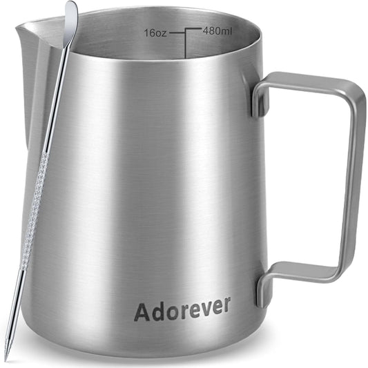 Milk Frothing Pitcher, 16oz Stainless Steel Milk Frother Cup Steaming Pitcher, Cappuccino Espresso Accessories Coffee Bar Barista Tools, Metal Steamer Cup Milk Jug with Latte Art Pen