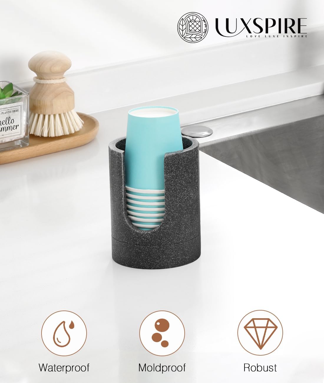 Luxspire Bathroom Cup Dispenser, 3oz Dixie Cup Dispenser, Resin Dixie Cup Holder, Disposable Paper Cup Holder for Bathroom, Cotton Pad Holder, Guest Bathroom Essentials, Gray