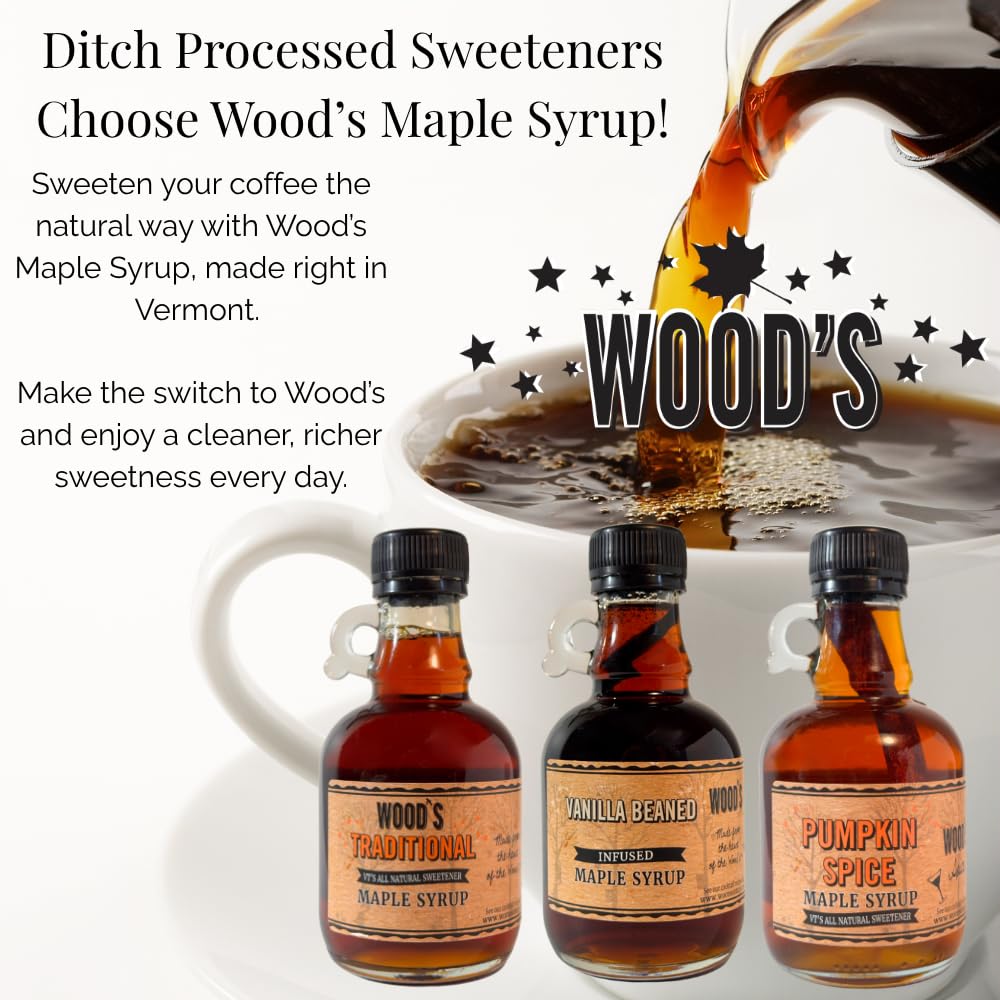 Wood’s Vermont Apple Pie Maple Syrup – Infused Vermont Maple Syrup with Warm Spices & Real Apple Flavor | Small-Batch, Vegan Natural Sweetener | Perfect for Pancakes, Ice Cream, Cocktails & Baking | 8.45 Fl Oz (250mL)