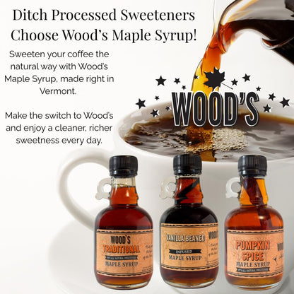 Wood’s Vermont Apple Pie Maple Syrup – Infused Vermont Maple Syrup with Warm Spices & Real Apple Flavor | Small-Batch, Vegan Natural Sweetener | Perfect for Pancakes, Ice Cream, Cocktails & Baking | 8.45 Fl Oz (250mL)
