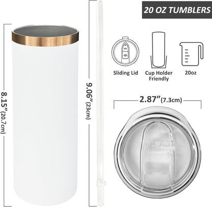 20 oz Skinny Tumblers Bulk, Stainless Steel Insulated Tumbler with Lids and Straws, Slim Double Wall Powder Coated Travel Coffee Mugs, Reusable Cup for Hot and Cold Drinks (White,1 pack)