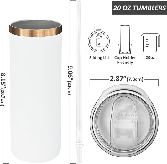 20 oz Skinny Tumblers Bulk 8 Pack, Stainless Steel Insulated Tumbler with Lids and Straws, Slim Double Wall Powder Coated Travel Coffee Mugs Reusable Cup for Hot Cold Drinks (White,8 pack)