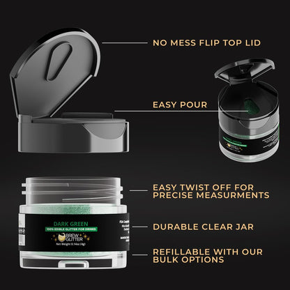 Brew Glitter Dark Green Edible Drink Glitter 1x 4g Jar for Cocktails, Beer, & Beverages