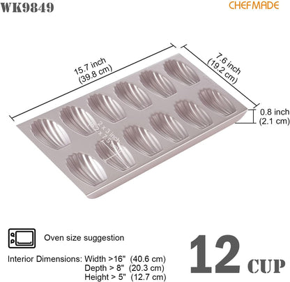 CHEFMADE Madeleine Mold Cake Pan, 12-Cavity Non-Stick Oval Shell Madeline Bakeware for Oven Baking (Champagne Gold)