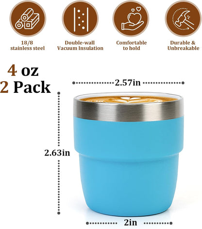 Zenbo 4 oz Espresso/Coffee Cups Set of 2, Ceramic-Lined Double Wall Vacuum Insulated 18/8 Stainless Steel, Stackable & Dishwasher Safe, Space-Saving, Compatible with Most Espresso & Coffee Makers