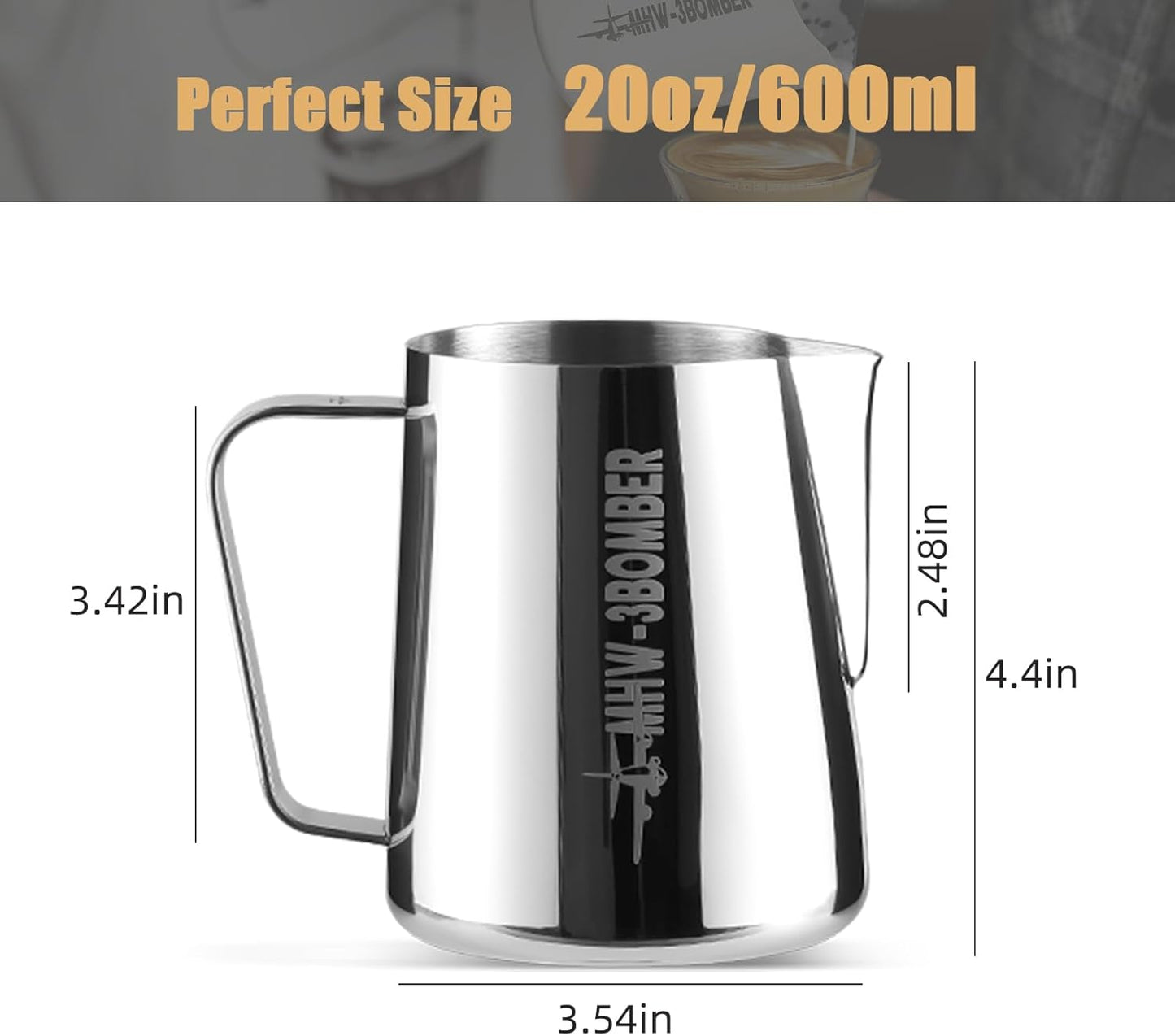 MHW-3BOMBER Milk Frothing Pitcher, 20oz/600ml Milk Frother Cup for Barista, SUS304 Stainless Steel Espresso Steaming Pitchers for Milk/Coffee/Latte Art, P3004S-OS