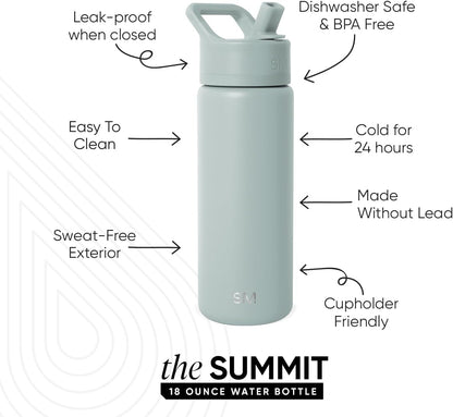 Simple Modern Kids Water Bottle with Straw Lid Vacuum Insulated Stainless Steel Metal Thermos Bottles | Reusable Leak Proof BPA-Free Flask for School | Summit Collection | 18oz, Sea Glass Sage