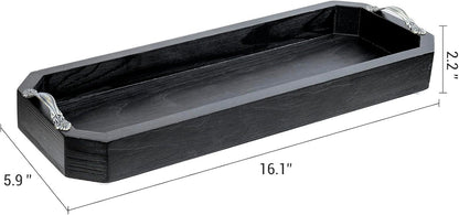 MyGift 16 Inch Modern Matte Black Toilet Tank Tray, Bathroom Sink Counter Solid Wood Octagonal Organizer with Aged Bronze Metal Handles, Wooden Vanity Storage Decor