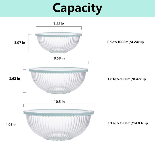 WhiteRhino Glass Mixing Bowls with Lids Set of 3(3.7QT, 2.1QT, 1.1QT),Large Kitchen Salad Bowls, Space-Saving Nesting Bowls, Clear Glass Serving Bowls for Cooking,Baking,Prepping,Dishwasher Safe