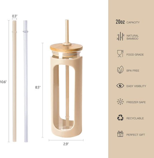 Kodrine 20oz Glass Tumbler with Straw and Lid, Iced Coffee Cups with Bamboo Lids, Glass Cups for Cold Drinks, Smoothie Cup with Silicone Sleeve for Travel, Work, BPA FREE-Oatmeal