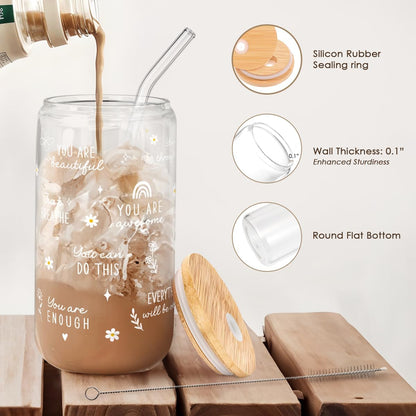 SANDJEST Inspiration Glass Can, Positive Motivational Cup with Lid & Straw, Iced Coffee Aesthetic Cups, Gift for Christmas Birthday Mother Day, Gifts for Women, 16oz