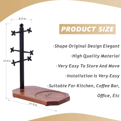 Mug Tree for Large Mugs With 6 Hooks and Coffee Pot Tray - Multi-Function Stand for Counter, Bar Accessory & Kitchen Organizer