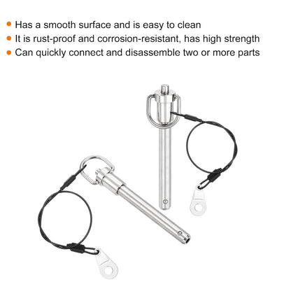 uxcell 1 Pcs Quick Release Pin, 3/8" x 2.52"(Dia. x L) Push-Button Ball Locking Pin 304 Stainless Steel Ring Handle Locking Pin with Wire for Audio Bimini Top Marine, Silver