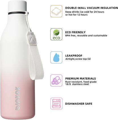 BJPKPK Insulated Water Bottles, 25 oz Stainless Steel Metal Water Bottle with Strap, BPA Free Leak Proof Thermos, Mugs, Flasks, Reusable Water Bottle for Sports & Travel, Graceful Pink