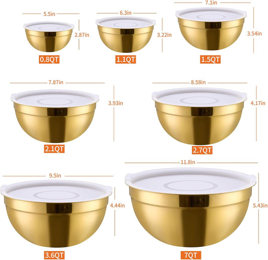 Gold Mixing Bowls with Lids Set of 7, Stainless Steel Nesting Bowl with Khaki Lid for Non-slip Mixing Prepping Storing Serving, 7 Sizes-7/3.6/2.7/2.1/1.5/1/0.8 QT