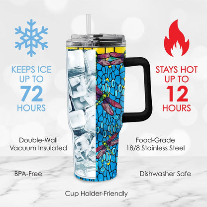 RainCaper 18/8 Stainless Steel Insulated Water Tumbler with Straw | 30oz, BPA-Free, Double Wall for Hot & Cold | Travel-Friendly, Cup Holder Ready (Tiffany Dragonfly - Purple)