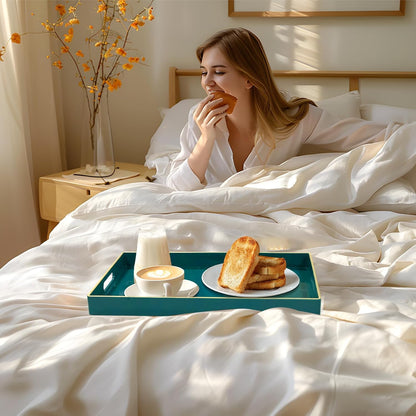 MAONAME Teal Serving Tray with Handles, Modern Decorative Tray for Coffee Table, Plastic Rectangular Trays for Ottoman, Bathroom, Decor, 15.8” x 10.2” x1.4