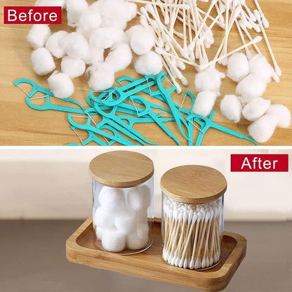 Bamboo Vanity Tray, Bathroom Tray Organizer Glass Qtip Holder Dispenser Apothecary Jars for Cotton Swabs Balls, Round Pad, Perfume Candles, Cosmetics and Jewelry Storage Organizer