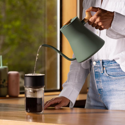 Fellow Stagg EKG Pro Electric Gooseneck Kettle - Pour-Over Coffee and Tea, Quick Heating, Precise Temperature Control, Scheduling, Built-in Brew Timer, Smoke Green with Maple Wood Handle, 0.9 Liter
