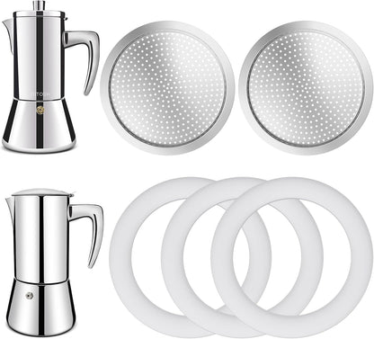 2 Pcs Filter with 3 Pcs Silicone Gasket Seals for 12 Cup Stovetop Espresso Coffee Maker Replacement Parts for 304 Stainless Steel Moka Pot