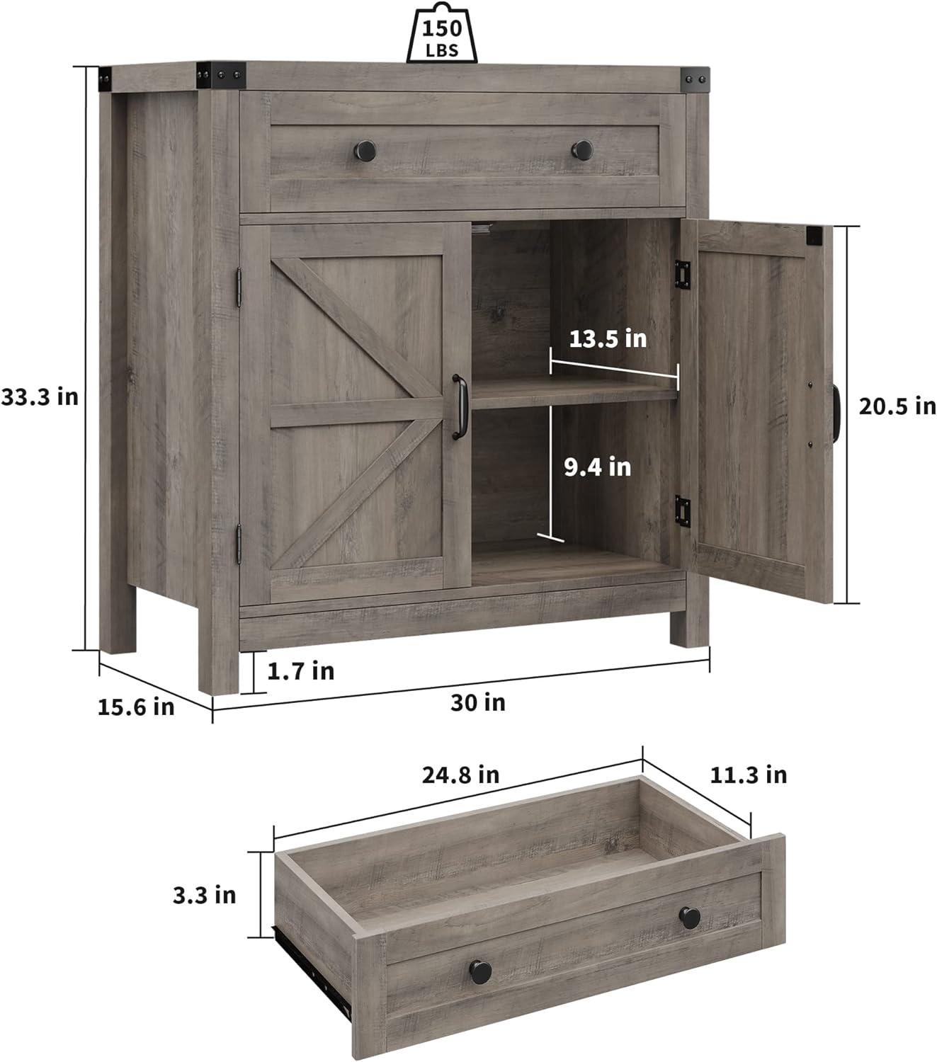 HOSTACK Coffee Bar Cabinet, Kitchen Storage Cabinet, Modern Farmhouse Buffet Sideboard with Drawer and Adjustable Shelf, Barn Door Accent Cabinets for Kitchen, Dining Room, Entryway, Ash Grey