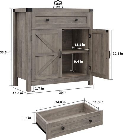 HOSTACK Coffee Bar Cabinet, Kitchen Storage Cabinet, Modern Farmhouse Buffet Sideboard with Drawer and Adjustable Shelf, Barn Door Accent Cabinets for Kitchen, Dining Room, Entryway, Ash Grey