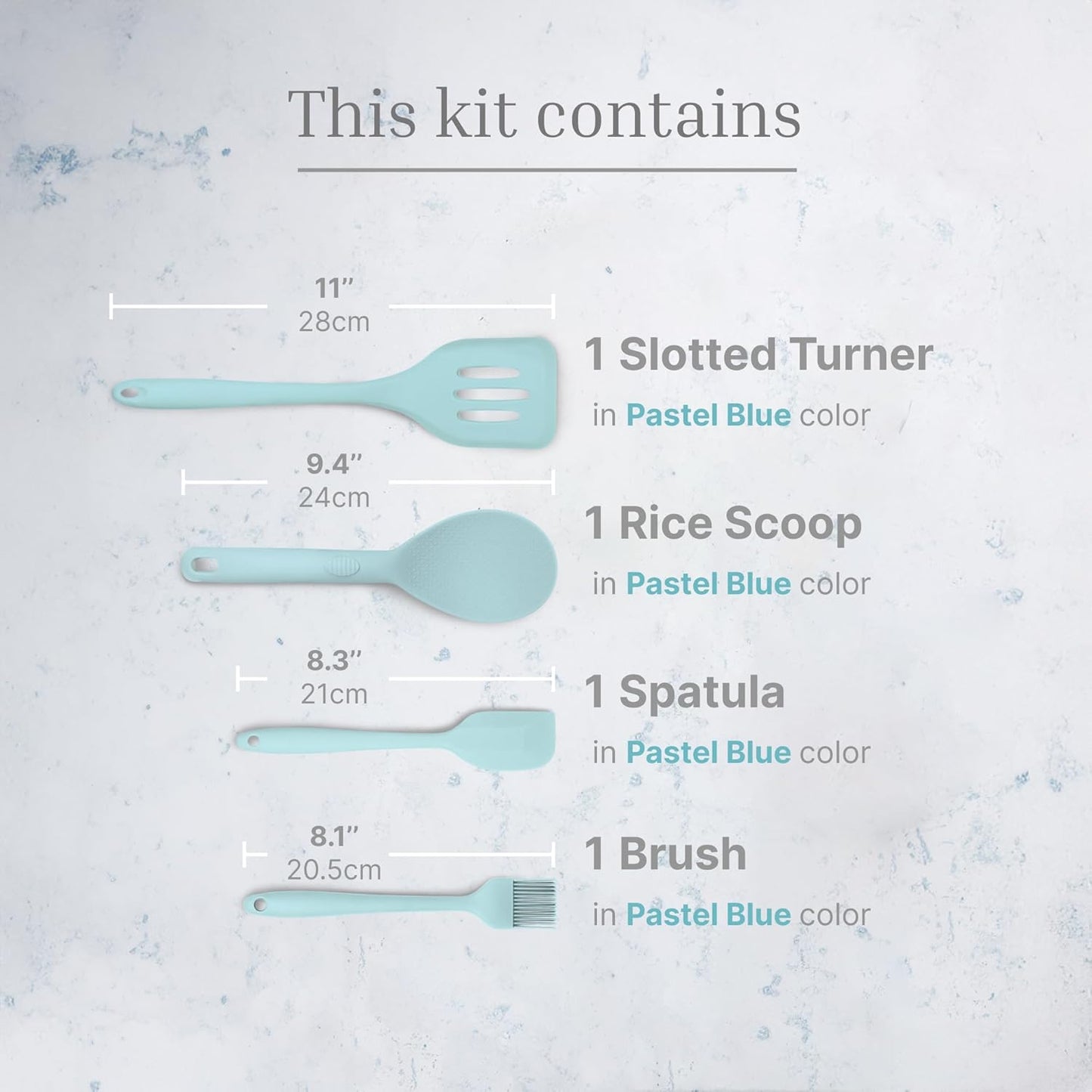 Silicone Utensils 4-Piece Set – Rubber Spatula, Pastry Brush, Slotted Turner, and Rice Paddle – Complete Heat-Resistant Set for Non-Stick Cookware – Kitchen Tools for Cooking and Baking – Pastel Blue
