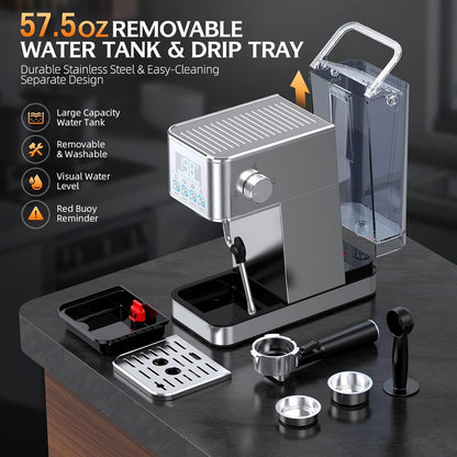 Espresso Machine, 20Bar Compact Stainless Espresso Maker, With Milk Frother Steam Wand, 57.5OZ Removable Water Tank, Displays Making Time & Water Temperature, Cold Brew & Cappuccino, Silver