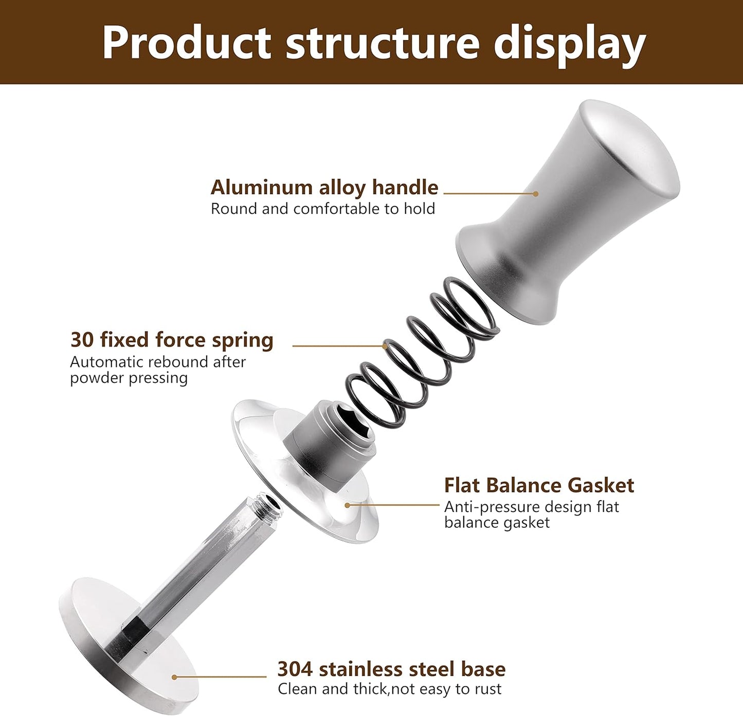 K COOL Espresso Hand Tamper, Premium Barista Coffee Tamper with Calibrated Spring, 100% Flat Stainless Steel Base Tamper for Breville Series 54mm Portafilter Basket (53mm, Silver)