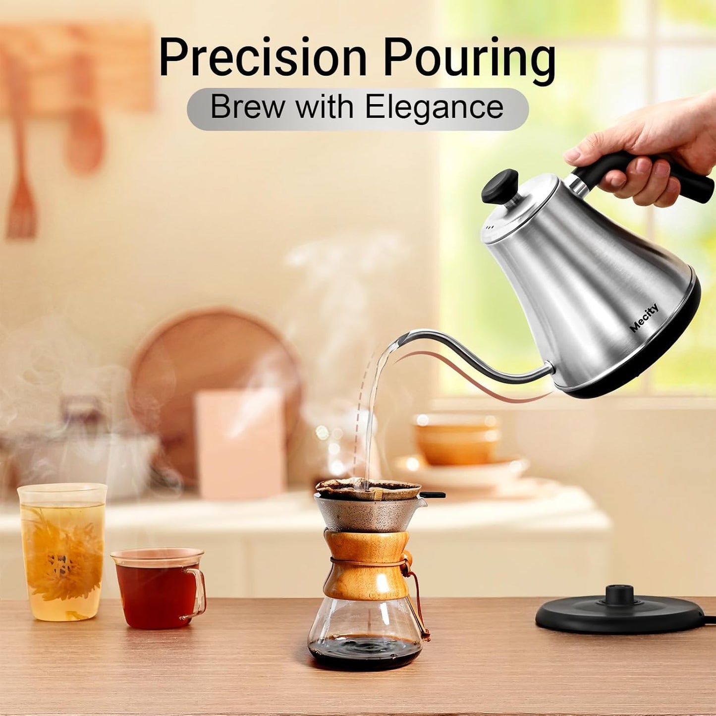 Mecity Electric Kettle Gooseneck Water Kettle Stainless Steel Tea Kettle Water Boiler Fast Heating, Auto Shut Off, 27 fl oz, 1000W, Stainless Steel