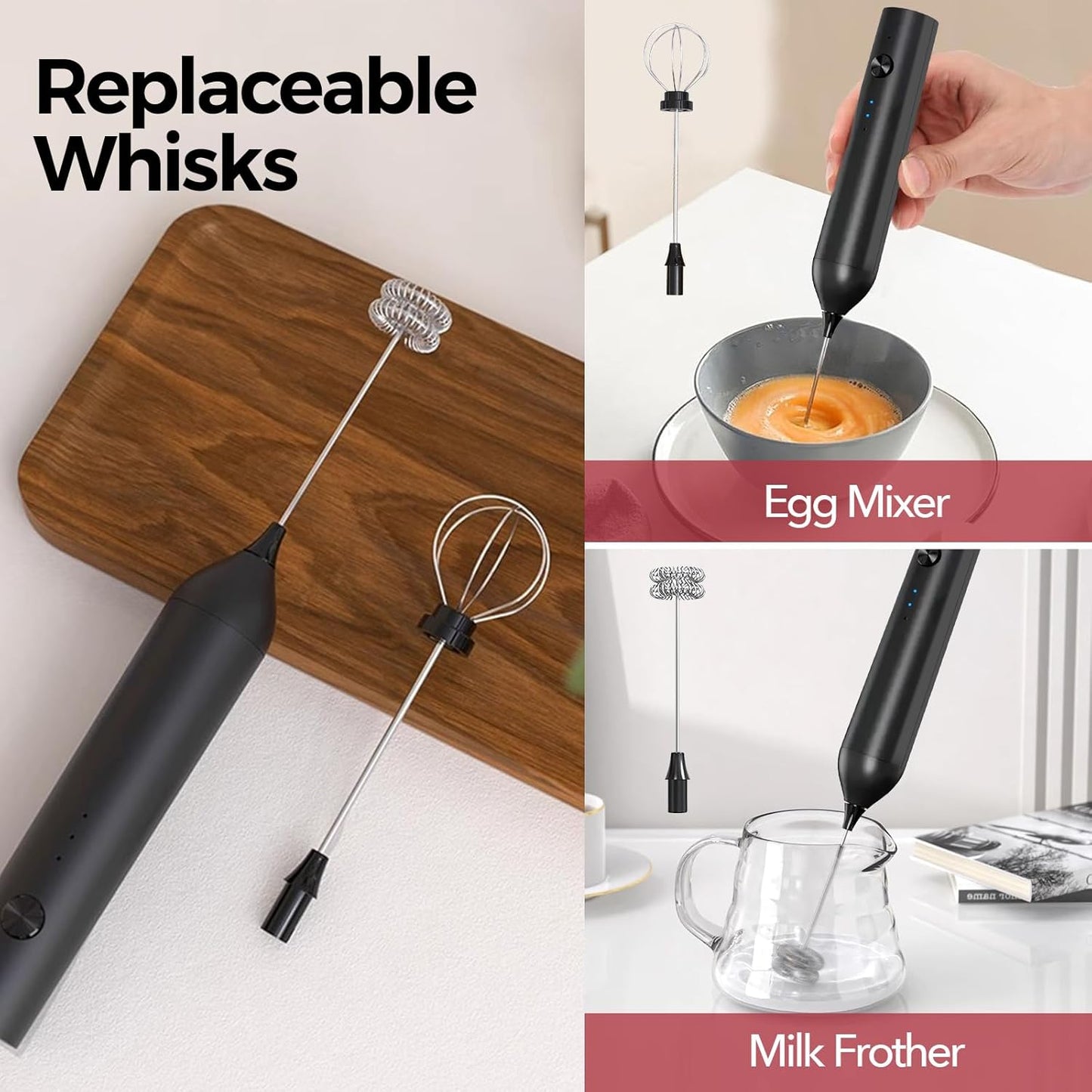 YARRAMATE Electric Milk Frother Wand, Fast Rechargeable Coffee Mixer with 2 Heads 3 Speeds, Handheld Drink Stirrer, Whisk Foam Maker for Lattes, Cappuccino, Matcha, Hot Chocolate (Black)