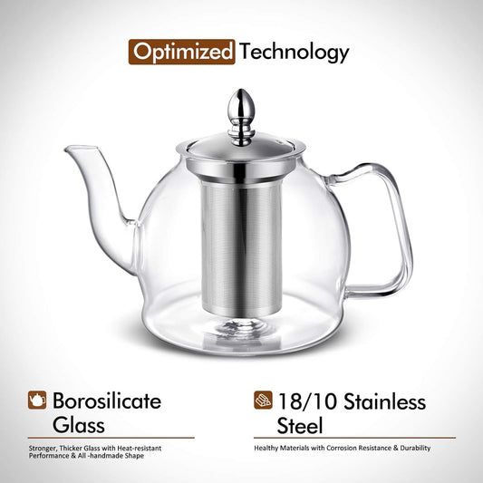 HIWARE 1000ml Glass Teapot with Removable Infuser, Stovetop Safe Tea Kettle, Blooming and Loose Leaf Tea Maker Set