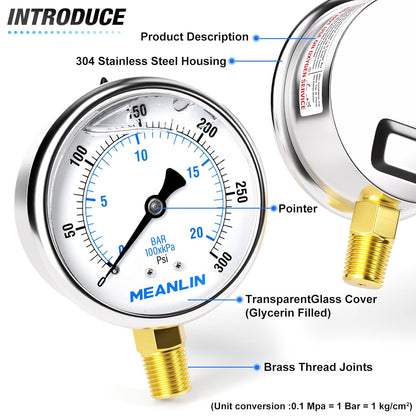 MEANLIN MEASURE 0~300Psi Stainless Steel 1/4" NPT 2.5" FACE DIAL Liquid Filled Pressure Gauge WOG Water Oil Air Lower Mount (Pack of 2), with 1/2" NPT and 3/8" NPT Hex Bushing