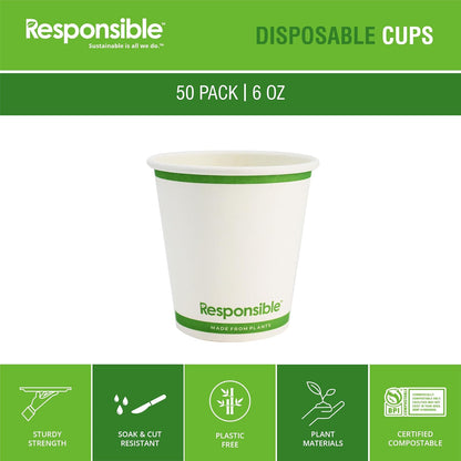 Certified Compostable 6 oz Paper Cups, Cold ＆ Hot Coffee Cups, Disposable Paper Cups, Extra Strength Disposable Cups, Made without PFAS (50 count)
