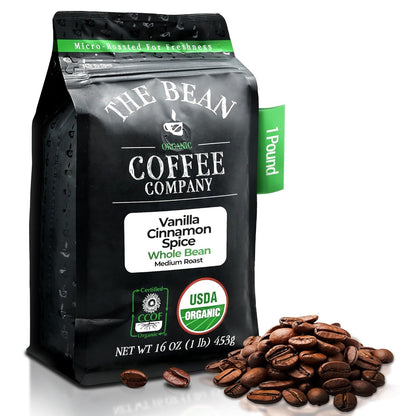 The Bean Organic Coffee Company Holiday Bean (Vanilla Cinnamon Spice), Medium Roast, Whole Bean Coffee, 16-Ounce Bag