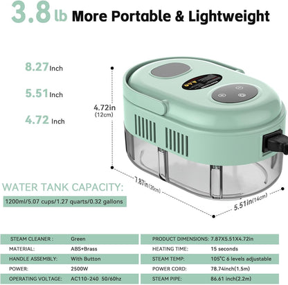 Steam Cleaner, Handheld 2500W Pressurized Heating Steamer for Cleaning,Multi-Purpose Steamer for Home Use with Water Tank, Steam Cleaner for Dirt, Grease,Grout,Tile, Floor,Couch,Car,Green