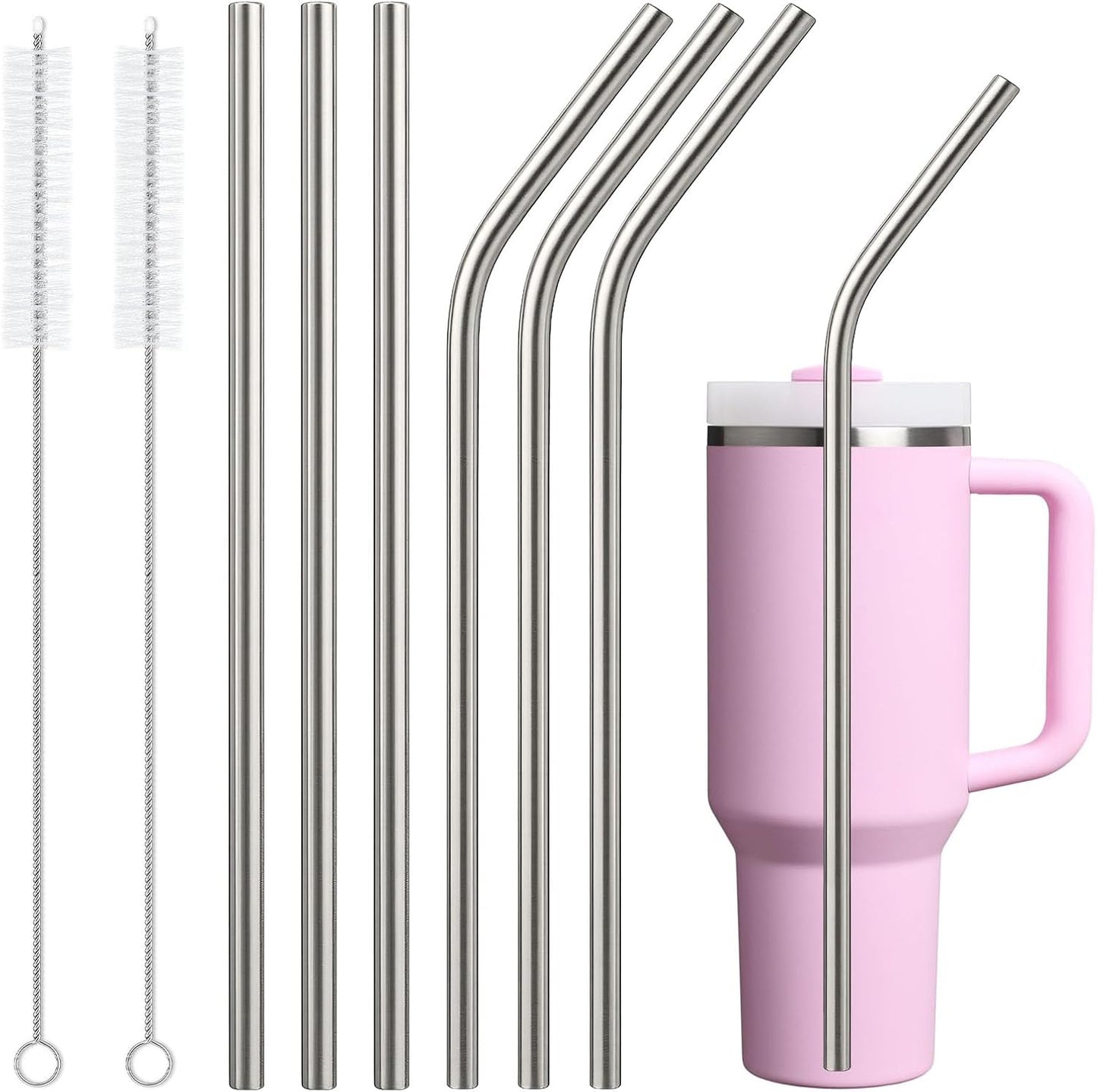 6 Pack Stainless Steel Straw Replacement for Stanley 40 oz 30 oz Tumbler,3 Straight + 3 Curved BPA Free Reusable Metal Straws with Cleaning Brush, 12Inch Long Drinking Reusable Accessories