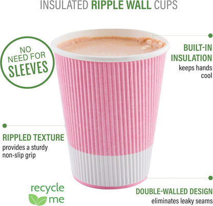 Restaurantware 8 Ounce Ripple Wall Paper Coffee Cups, 25 Leakproof Disposable Hot Drink Tumblers, Recyclable, Insulated Light Pink Design, Matching Lids available for Cups and Sold Separately
